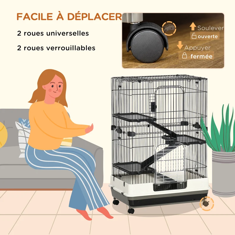 Cage pour petits animaux roulante 81,2 x 52,7 x 114 cm 3 niveaux amovibles 3 rampes design salon cosy en métal noir 21_0007876
