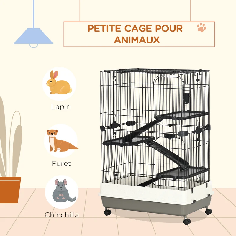 Cage pour petits animaux roulante 81,2 x 52,7 x 114 cm 3 niveaux amovibles 3 rampes design salon cosy en métal noir 21_0007876