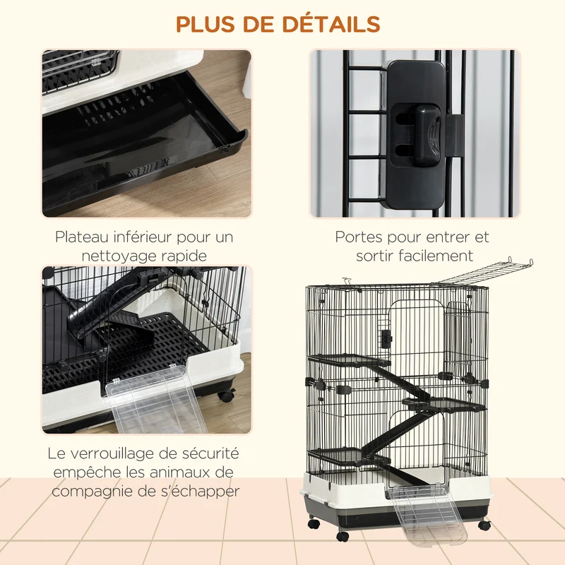 Cage pour petits animaux roulante 81,2 x 52,7 x 114 cm 3 niveaux amovibles 3 rampes design salon cosy en métal noir 21_0007876