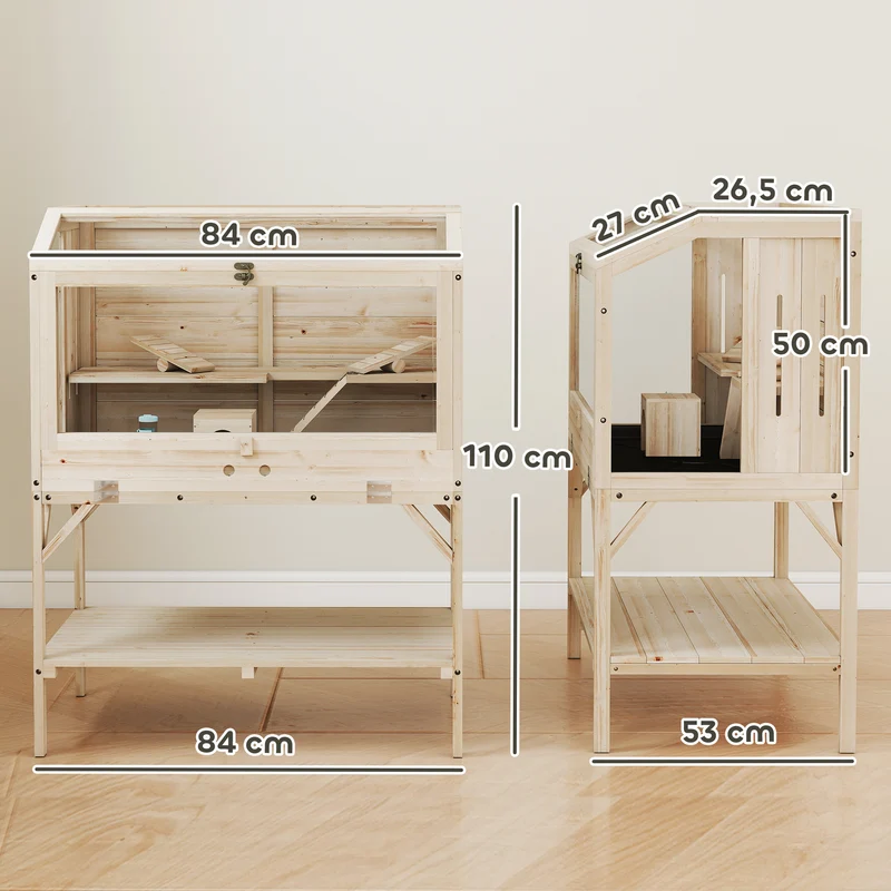 Cage hamster 84 x 53 x 110 cm à deux niveaux étagère couvercle ouvrant ventilation style scandinave en bois naturel 21_0008013