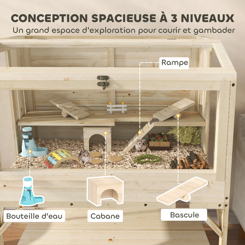 Cage hamster 84 x 53 x 110 cm à deux niveaux étagère couvercle ouvrant ventilation style scandinave en bois naturel 21_0008013