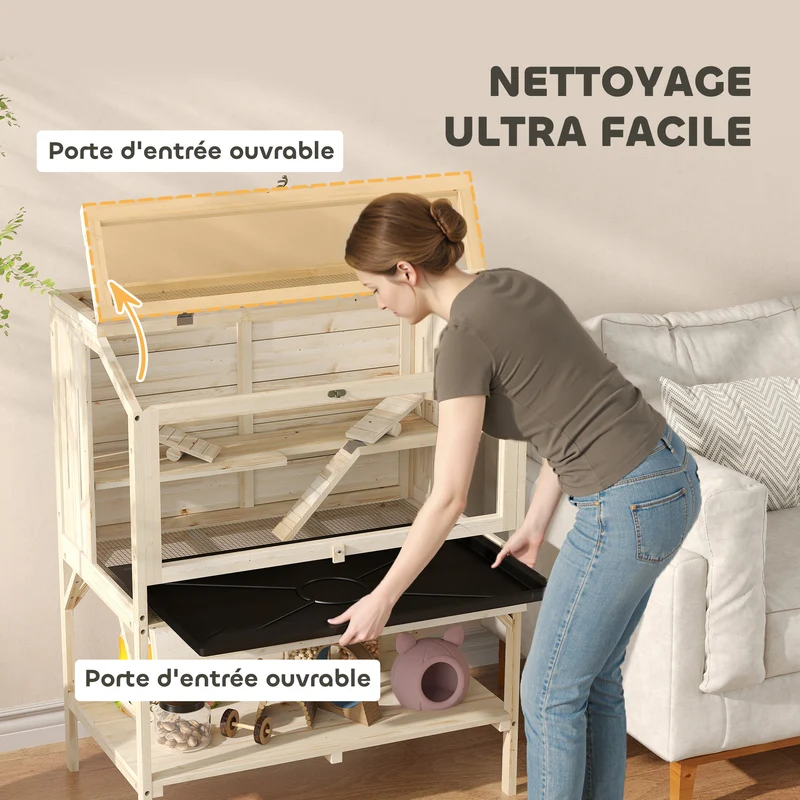 Cage hamster 84 x 53 x 110 cm à deux niveaux étagère couvercle ouvrant ventilation style scandinave en bois naturel 21_0008013