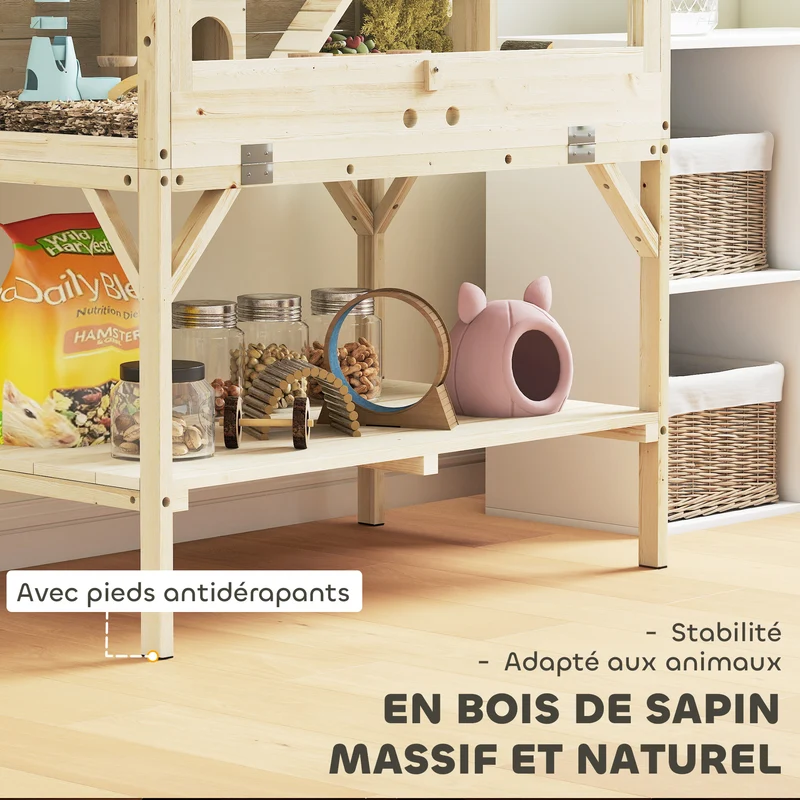 Cage hamster 84 x 53 x 110 cm à deux niveaux étagère couvercle ouvrant ventilation style scandinave en bois naturel 21_0008013