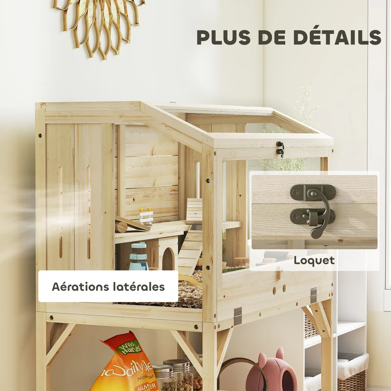 Cage hamster 84 x 53 x 110 cm à deux niveaux étagère couvercle ouvrant ventilation style scandinave en bois naturel 21_0008013