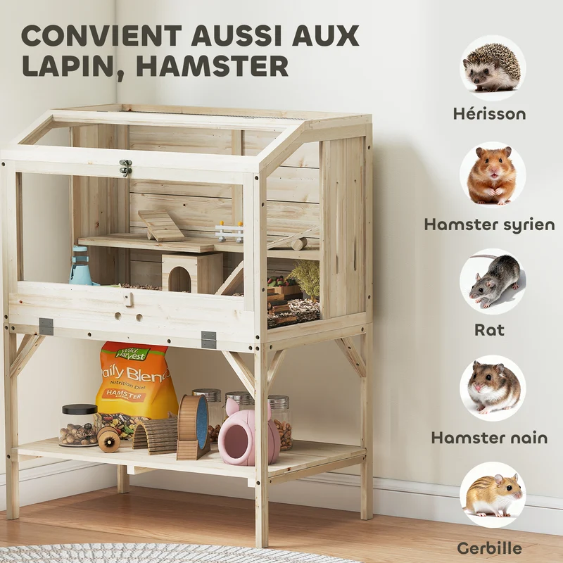 Cage hamster 84 x 53 x 110 cm à deux niveaux étagère couvercle ouvrant ventilation style scandinave en bois naturel 21_0008013