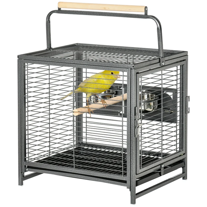 Cage de transport perroquet plateau amovible verrou sécurité 48 x 38 x 65 cm perchoirs en bois design en acier noir 21_0007560