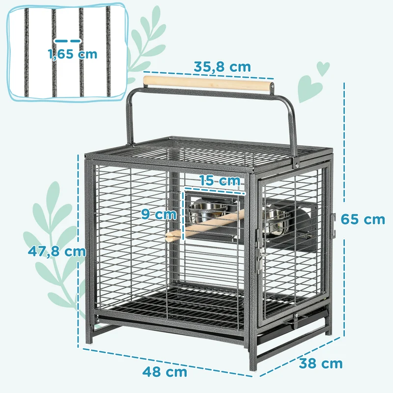 Cage de transport perroquet plateau amovible verrou sécurité 48 x 38 x 65 cm perchoirs en bois design en acier noir 21_0007560