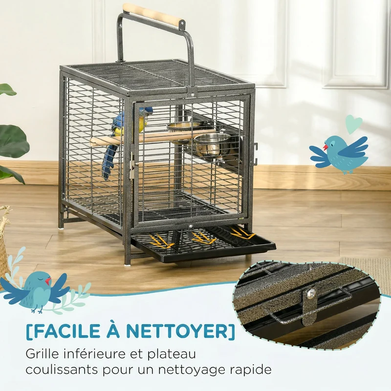 Cage de transport perroquet plateau amovible verrou sécurité 48 x 38 x 65 cm perchoirs en bois design en acier noir 21_0007560