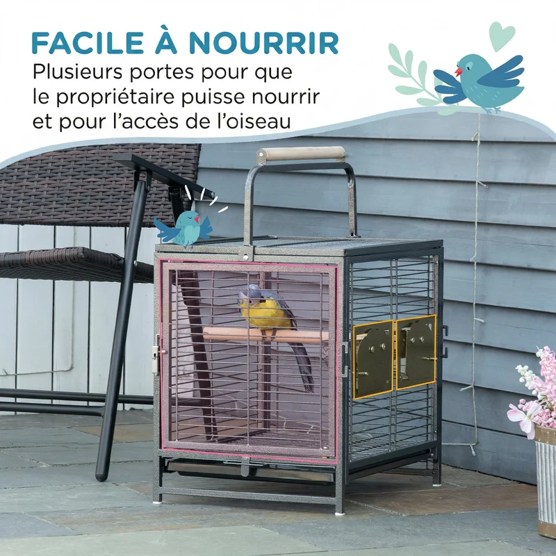 Cage de transport perroquet plateau amovible verrou sécurité 48 x 38 x 65 cm perchoirs en bois design en acier noir 21_0007560