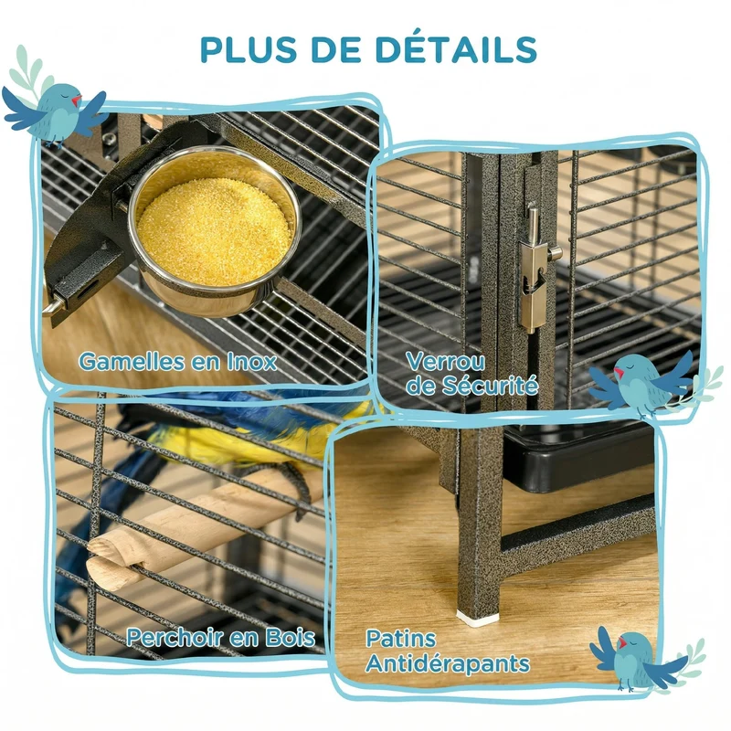 Cage de transport perroquet plateau amovible verrou sécurité 48 x 38 x 65 cm perchoirs en bois design en acier noir 21_0007560