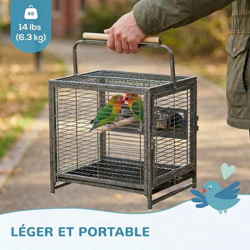 Cage de transport perroquet plateau amovible verrou sécurité 48 x 38 x 65 cm perchoirs en bois design en acier noir 21_0007560