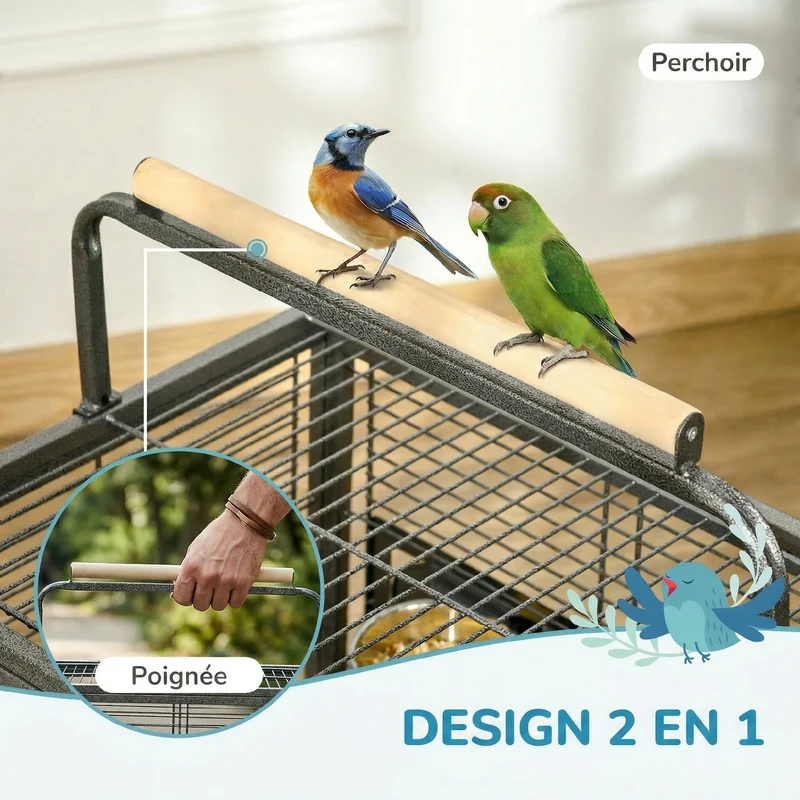 Cage de transport perroquet plateau amovible verrou sécurité 48 x 38 x 65 cm perchoirs en bois design en acier noir 21_0007560
