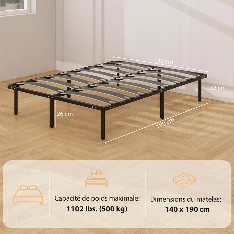 Cadre de lit double rangement 140 x 190 x 32 cm soutien ferme silencieux design contemporain pour chambre en acier noir 21_0003775
