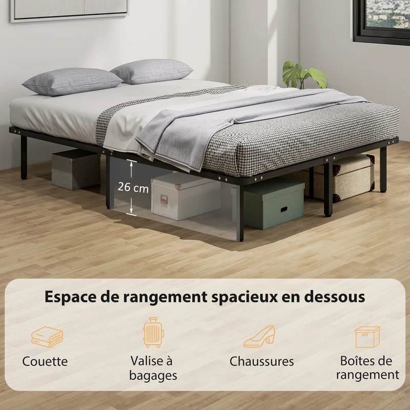 Cadre de lit double rangement 140 x 190 x 32 cm soutien ferme silencieux design contemporain pour chambre en acier noir 21_0003775