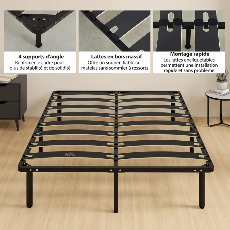 Cadre de lit double rangement 140 x 190 x 32 cm soutien ferme silencieux design contemporain pour chambre en acier noir 21_0003775