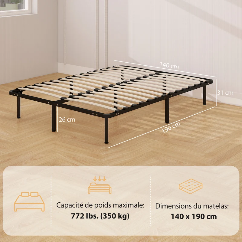 Cadre de lit 140 x 190 cm sommier à lattes rangement sous lit 26 cm pieds réglables industriel moderne en acier noir 21_0003773