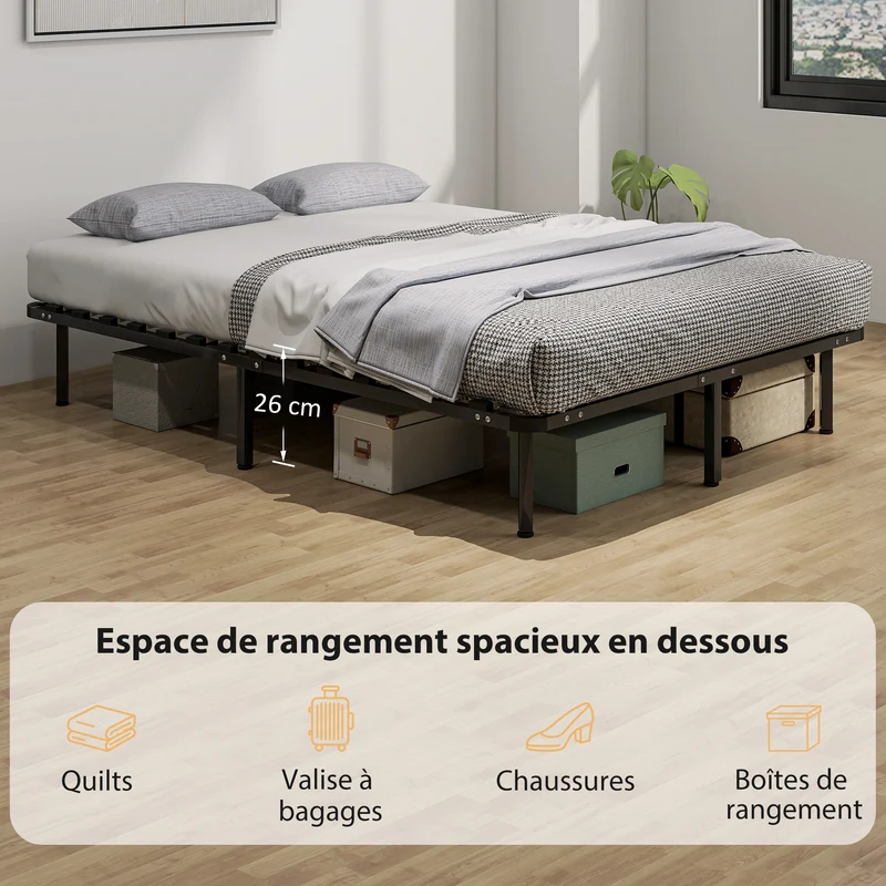 Cadre de lit 140 x 190 cm sommier à lattes rangement sous lit 26 cm pieds réglables industriel moderne en acier noir 21_0003773