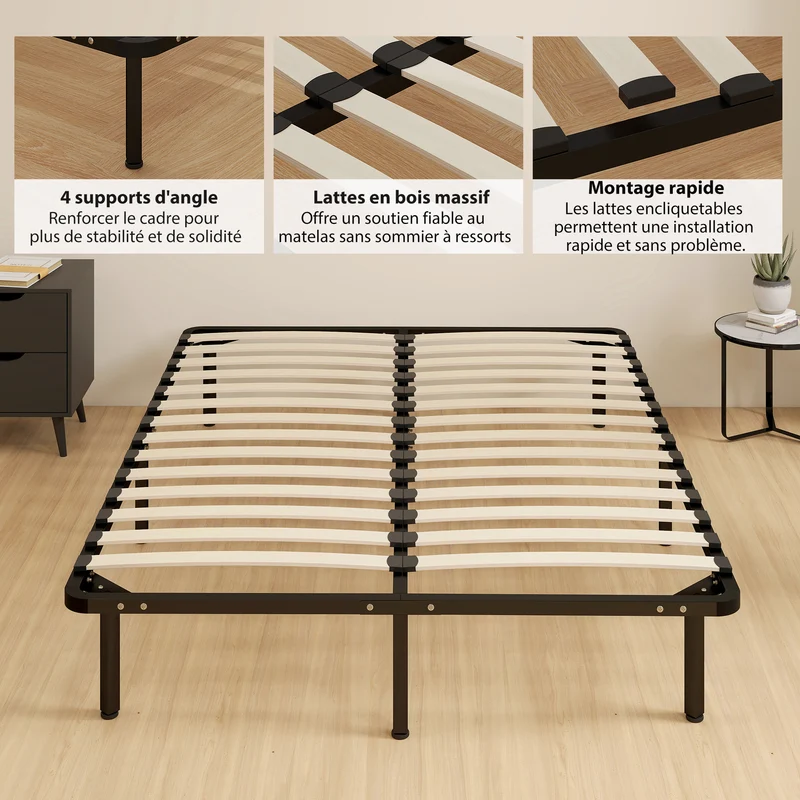 Cadre de lit 140 x 190 cm sommier à lattes rangement sous lit 26 cm pieds réglables industriel moderne en acier noir 21_0003773