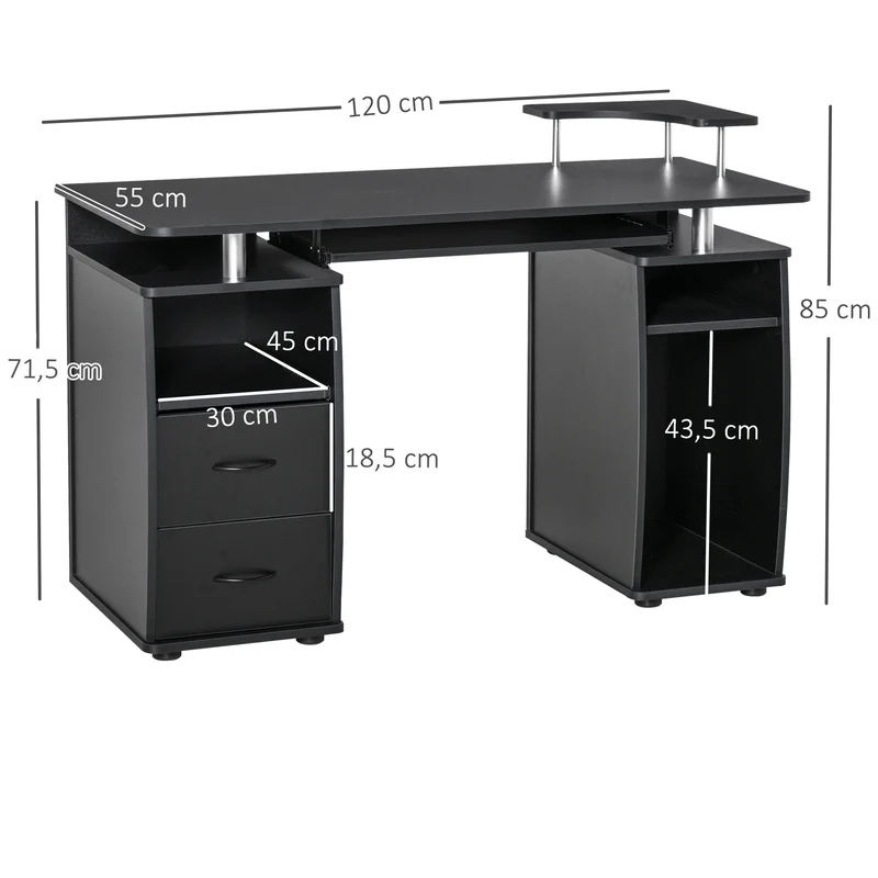 Bureau informatique 120 x 55 x 85 cm rangements imprimante et clavier stable contemporain en panneaux de particules noir 21_0006114