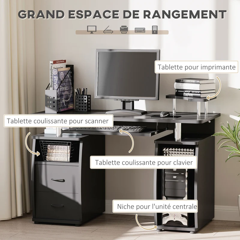 Bureau informatique 120 x 55 x 85 cm rangements imprimante et clavier stable contemporain en panneaux de particules noir 21_0006114