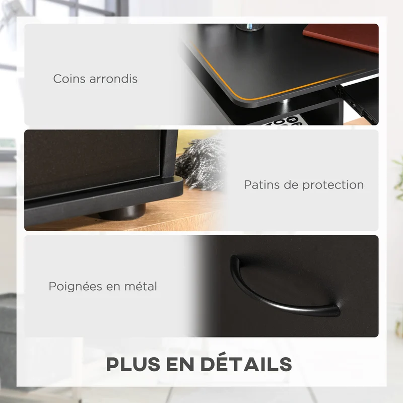 Bureau informatique 120 x 55 x 85 cm rangements imprimante et clavier stable contemporain en panneaux de particules noir 21_0006114