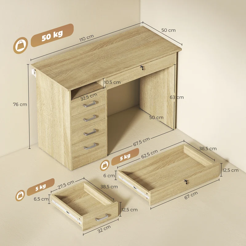 Bureau 5 tiroirs 110 x 50 x 76 cm tiroir verrouillable rangement utile style contemporain en panneau de particules chêne 21_0002494