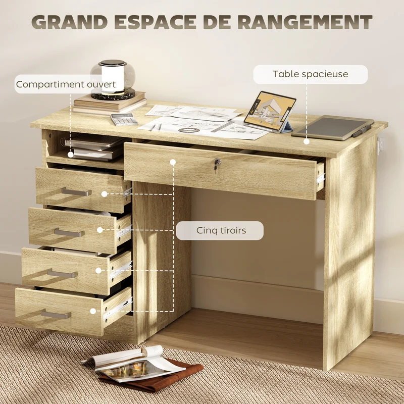 Bureau 5 tiroirs 110 x 50 x 76 cm tiroir verrouillable rangement utile style contemporain en panneau de particules chêne 21_0002494