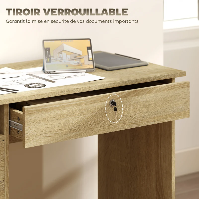 Bureau 5 tiroirs 110 x 50 x 76 cm tiroir verrouillable rangement utile style contemporain en panneau de particules chêne 21_0002494