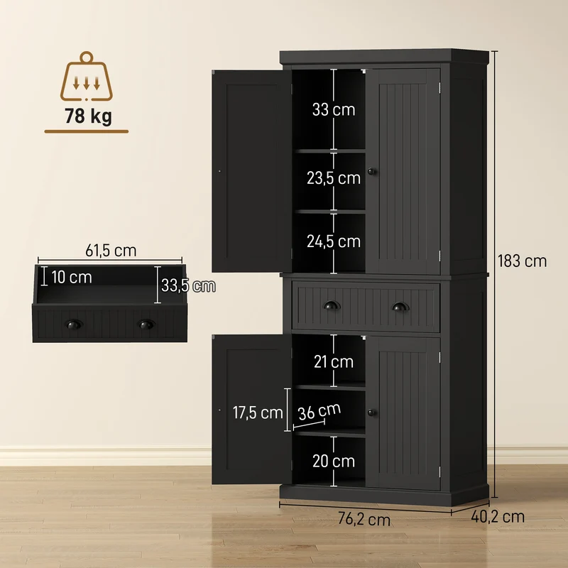 Buffet haut de cuisine 76,2 x 40,2 x 183 cm rangement pratique tiroir avec étagères réglables moderne épuré en MDF noir 21_0002162
