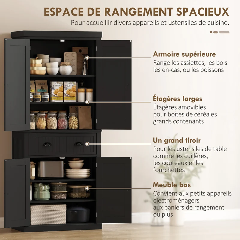 Buffet haut de cuisine 76,2 x 40,2 x 183 cm rangement pratique tiroir avec étagères réglables moderne épuré en MDF noir 21_0002162