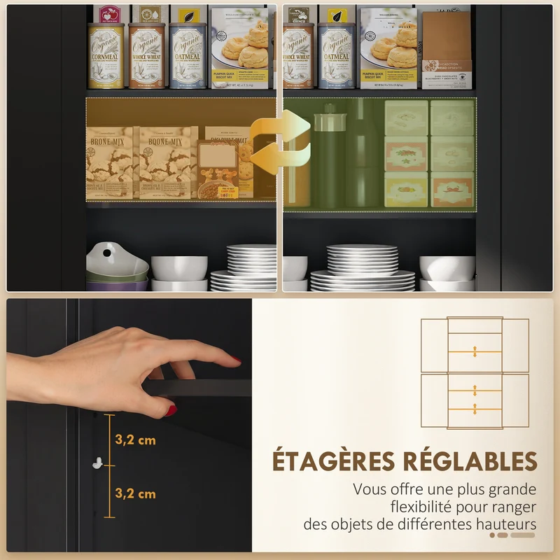 Buffet haut de cuisine 76,2 x 40,2 x 183 cm rangement pratique tiroir avec étagères réglables moderne épuré en MDF noir 21_0002162