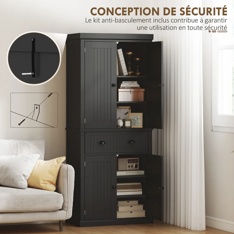 Buffet haut de cuisine 76,2 x 40,2 x 183 cm rangement pratique tiroir avec étagères réglables moderne épuré en MDF noir 21_0002162