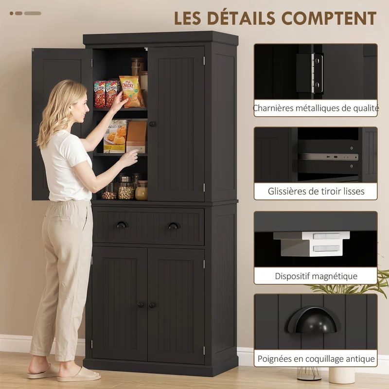 Buffet haut de cuisine 76,2 x 40,2 x 183 cm rangement pratique tiroir avec étagères réglables moderne épuré en MDF noir 21_0002162