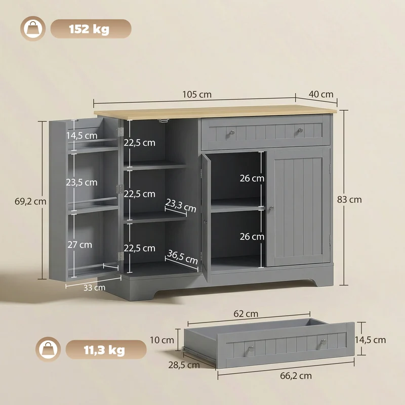 Buffet de cuisine rangement moderne 105 x 40 x 83 cm anti basculement avec tiroir et étagères ambiance cosy en MDF gris 21_0003276