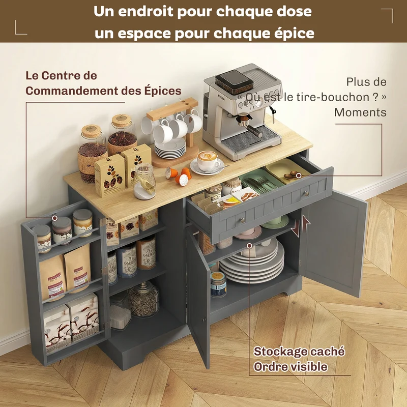 Buffet de cuisine rangement moderne 105 x 40 x 83 cm anti basculement avec tiroir et étagères ambiance cosy en MDF gris 21_0003276