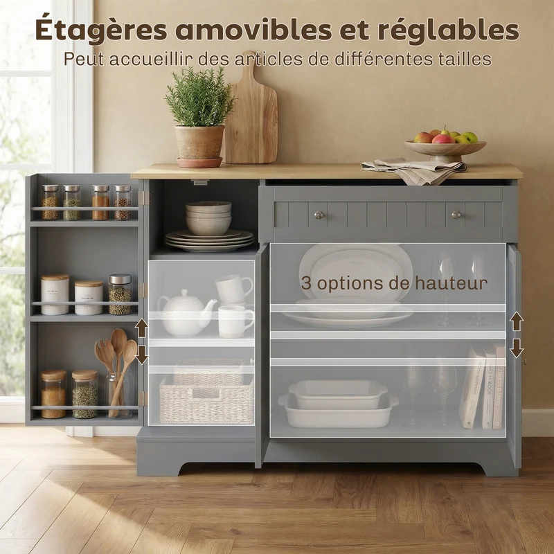 Buffet de cuisine rangement moderne 105 x 40 x 83 cm anti basculement avec tiroir et étagères ambiance cosy en MDF gris 21_0003276