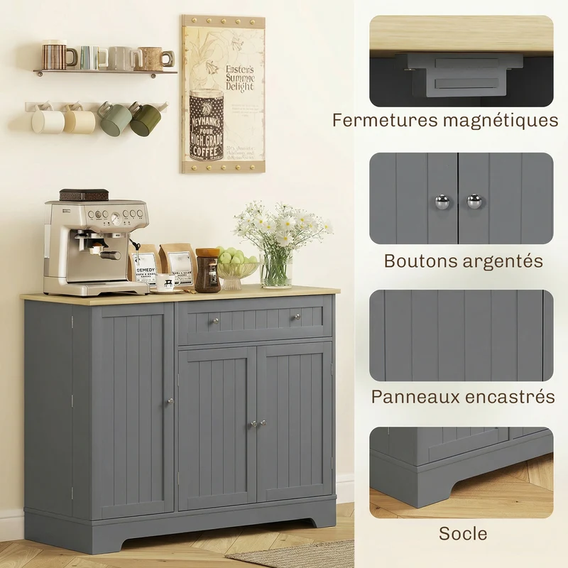 Buffet de cuisine rangement moderne 105 x 40 x 83 cm anti basculement avec tiroir et étagères ambiance cosy en MDF gris 21_0003276