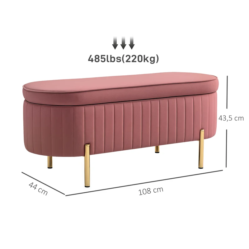Banc de rangement ovale chambre 108 x 44 x 43,5 cm coffre 72 l assise rembourrée capitonné contemporain en velours rose 21_0001657