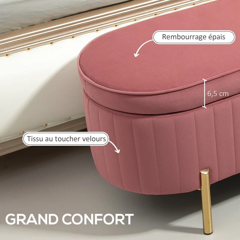Banc de rangement ovale chambre 108 x 44 x 43,5 cm coffre 72 l assise rembourrée capitonné contemporain en velours rose 21_0001657