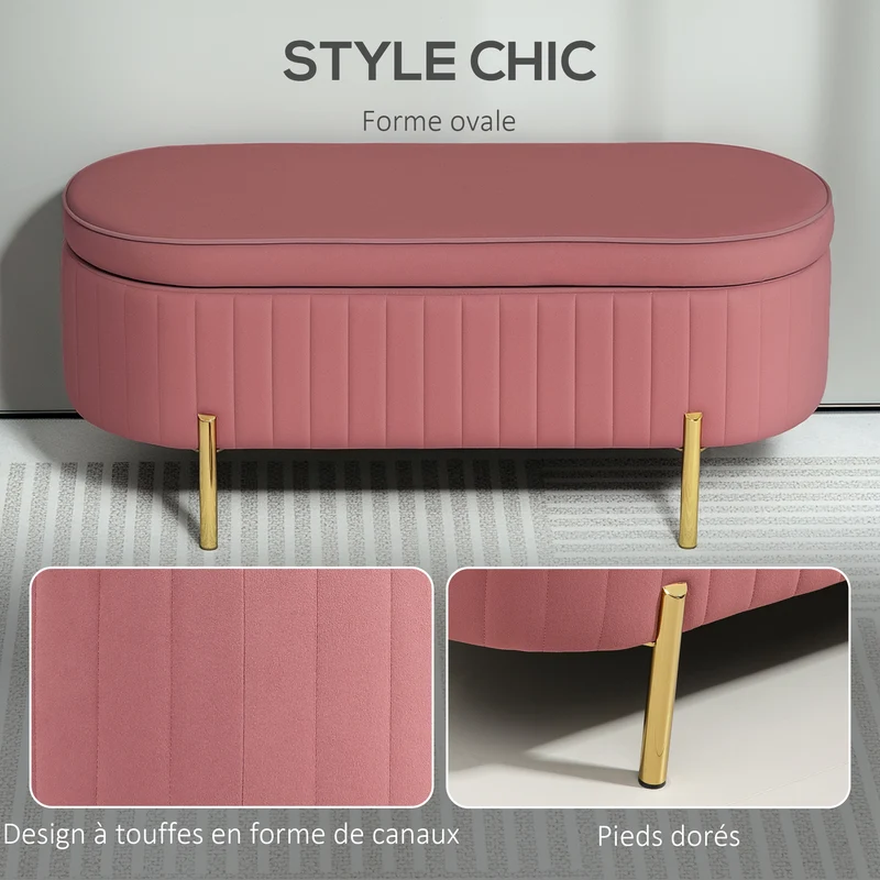 Banc de rangement ovale chambre 108 x 44 x 43,5 cm coffre 72 l assise rembourrée capitonné contemporain en velours rose 21_0001657