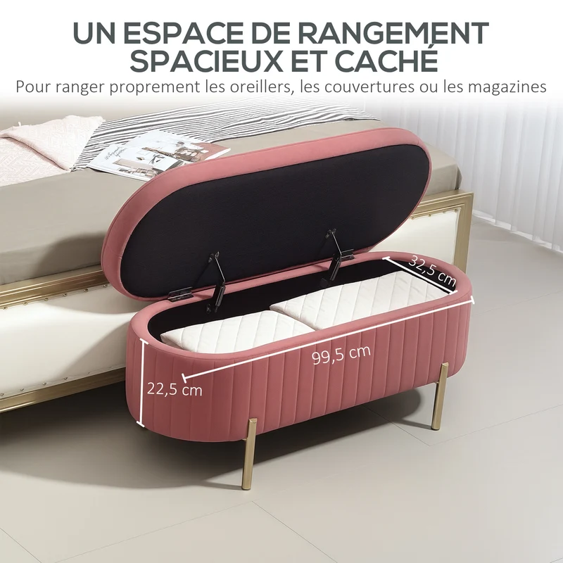 Banc de rangement ovale chambre 108 x 44 x 43,5 cm coffre 72 l assise rembourrée capitonné contemporain en velours rose 21_0001657
