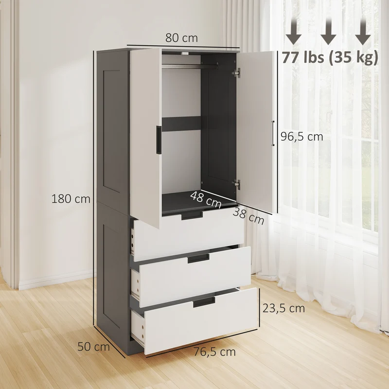 Armoire penderie chambre 80 x 50 x 180 cm 3 tiroirs fermeture douce moderne finition mate en panneau de particules gris 21_0001542