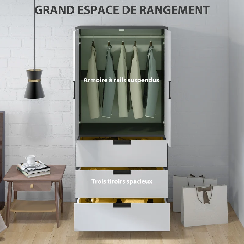 Armoire penderie chambre 80 x 50 x 180 cm 3 tiroirs fermeture douce moderne finition mate en panneau de particules gris 21_0001542