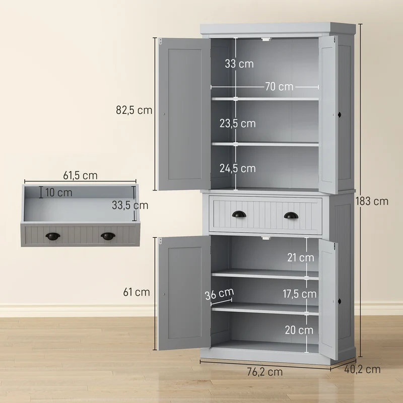 Armoire de cuisine buffet multi-rangements 76.2 x 40.2 x 183 cm grand tiroir étagères réglables moderne en MDF gris 21_0002163