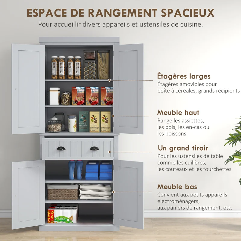 Armoire de cuisine buffet multi-rangements 76.2 x 40.2 x 183 cm grand tiroir étagères réglables moderne en MDF gris 21_0002163