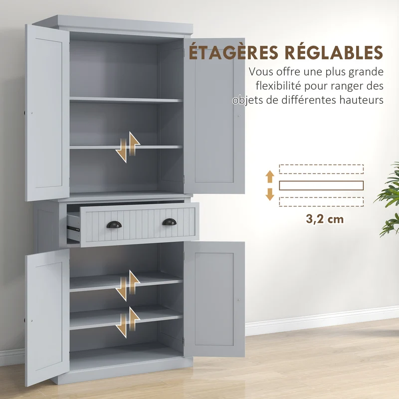 Armoire de cuisine buffet multi-rangements 76.2 x 40.2 x 183 cm grand tiroir étagères réglables moderne en MDF gris 21_0002163