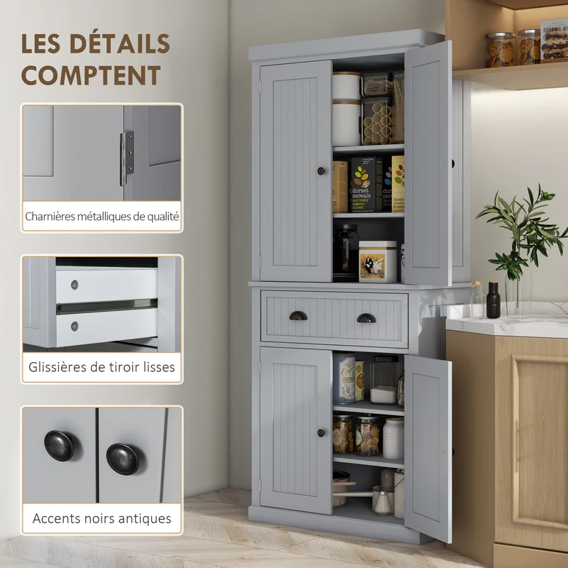 Armoire de cuisine buffet multi-rangements 76.2 x 40.2 x 183 cm grand tiroir étagères réglables moderne en MDF gris 21_0002163