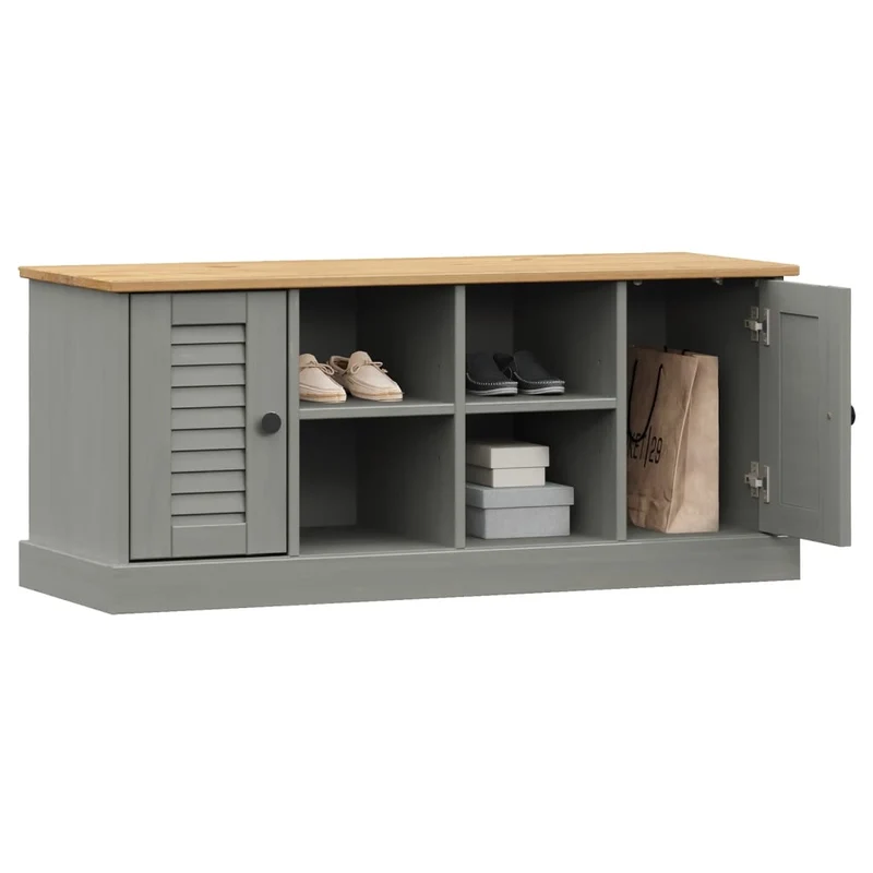 Banc de rangement à chaussures avec 4 compartiments et 2 petites armoires 106 x 35 x 45 cm en bois de pin gris DEC024963