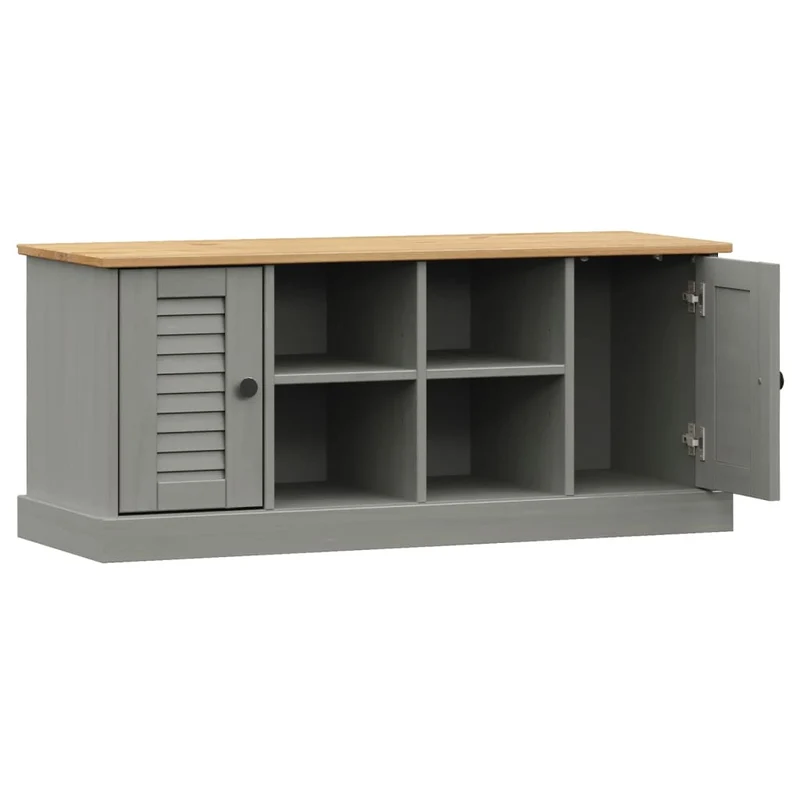 Banc de rangement à chaussures avec 4 compartiments et 2 petites armoires 106 x 35 x 45 cm en bois de pin gris DEC024963