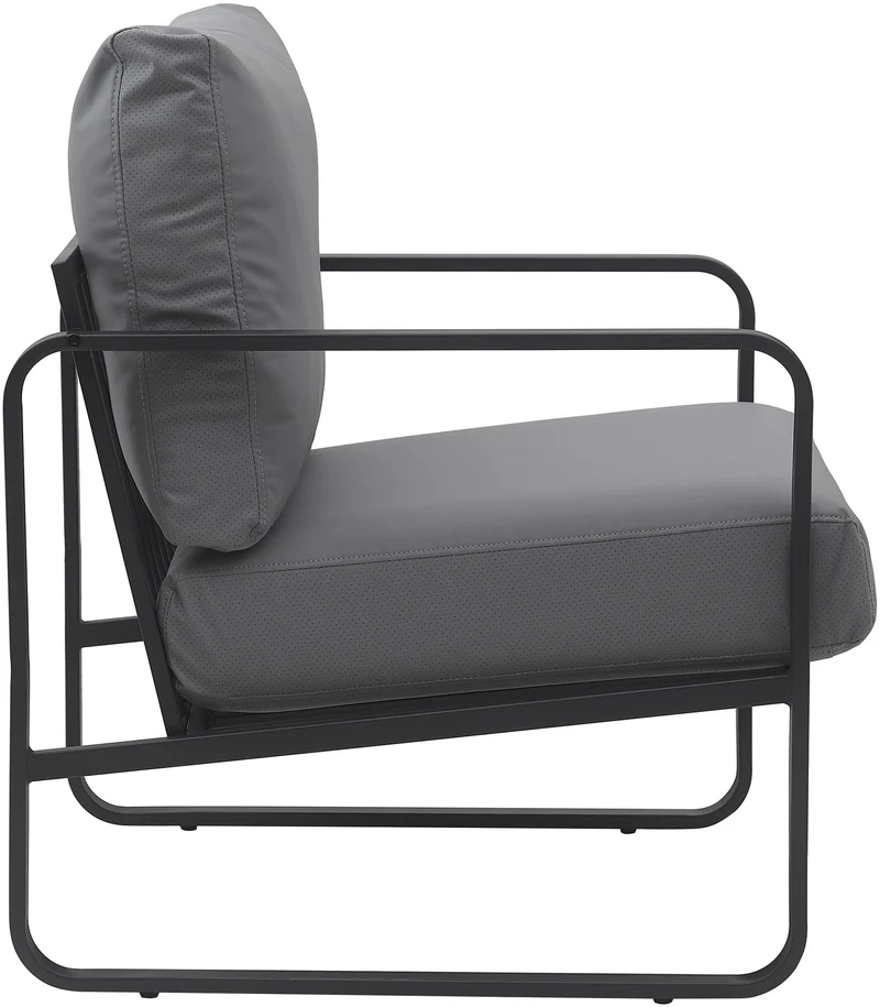 Fauteuil lounge design retro chic en PVC gris et cadre en métal noir mat 10_0002814